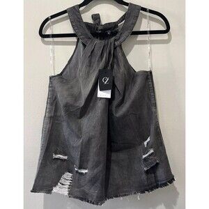 Cezele Top Women’s Small Black Chambray Distressed Tank‎ Acid Wash Halter Grunge